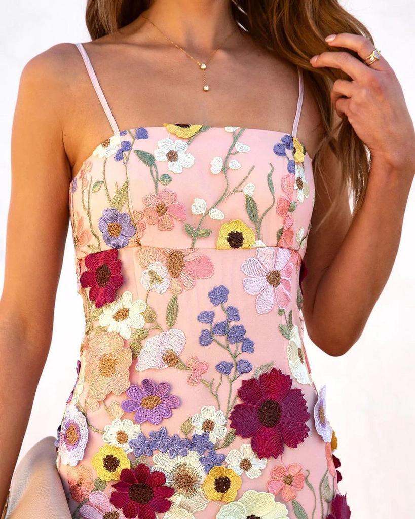 2025 Rochie cu bretele brodate din plasă florală elegantă de primăvară 2025