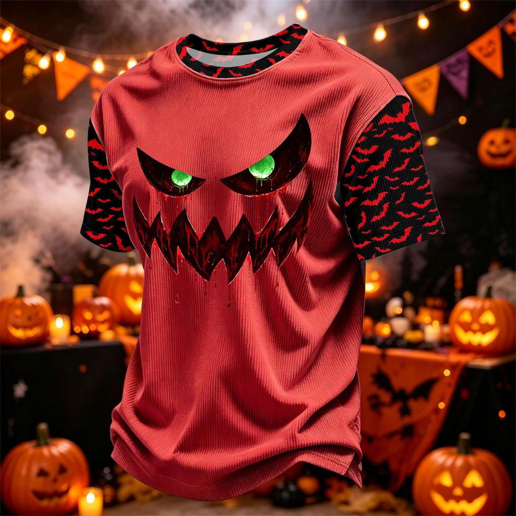 Men's Casual Corduroy Short Sleeve Crew Neck Lightweight Breathable T-Shirt Halloween Print Lettering Design