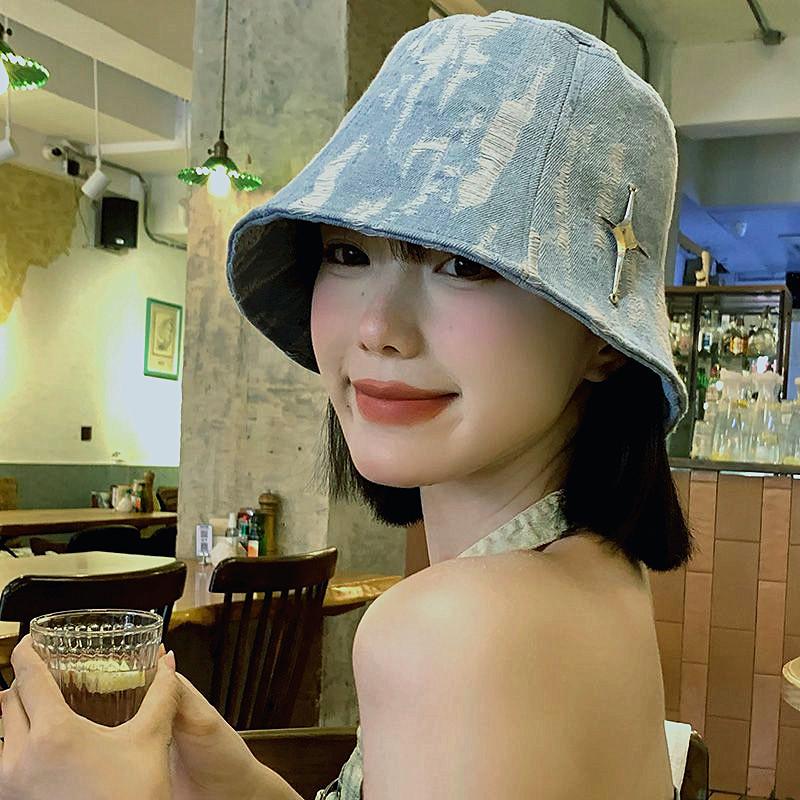 New versatile washed old denim bucket hat female sunscreen Internet celebrity washbasin hat big head circumference bucket