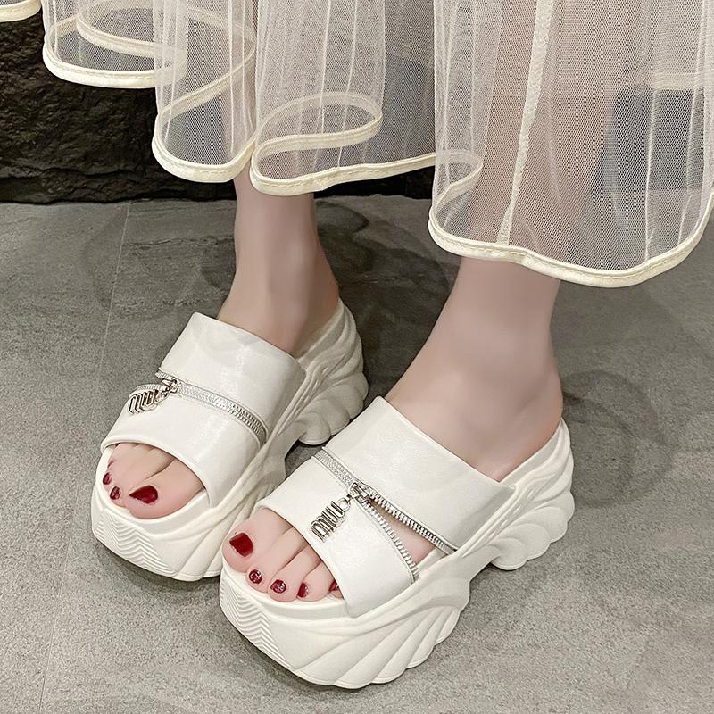 Fashion 9cm Women Platform Slippers Zipper Chunky Sandals Beach Shoes Wedge Heels Peep Toe Slides Ladies Outside Flip-Flops 2025