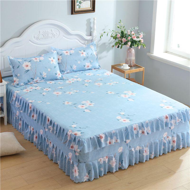 3PCS Bed Skirt Flower Printed Fitted Sheet Cover Home Graceful Bedspread Bed Linens Bedroom Decor Mattress Cover Pillowcase
