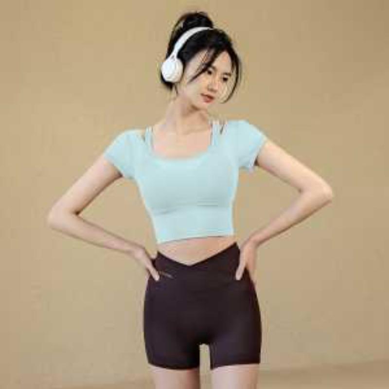 Women Mesh Splice Workout Crop Top Built-in Bra Short Sleeve Yoga Shirt