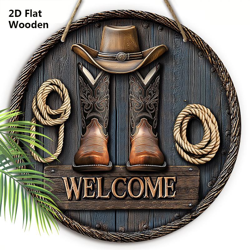 

Деревянная табличка в стиле западного ковбоя с узором шляпы и сапог - Круглая табличка для входной двери, настенный декор - Идеальная декоративная подвесная табличка для вечеринки 20cm/7.87in коричневый