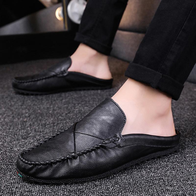 Summer Half Shoes For Men Mules Luxury Designer Slip On Flats Men Casual Driving Shoes Leather Semi-Drag Loafers Slippers 2025