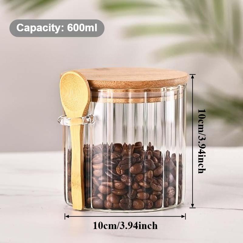 Glass Sealed Jar with Vertical Stripes Kitchen Glass Seasoning Jar with Wooden Spoon and Bamboo Lid Coffee Bean Storage Bottle 1-tier