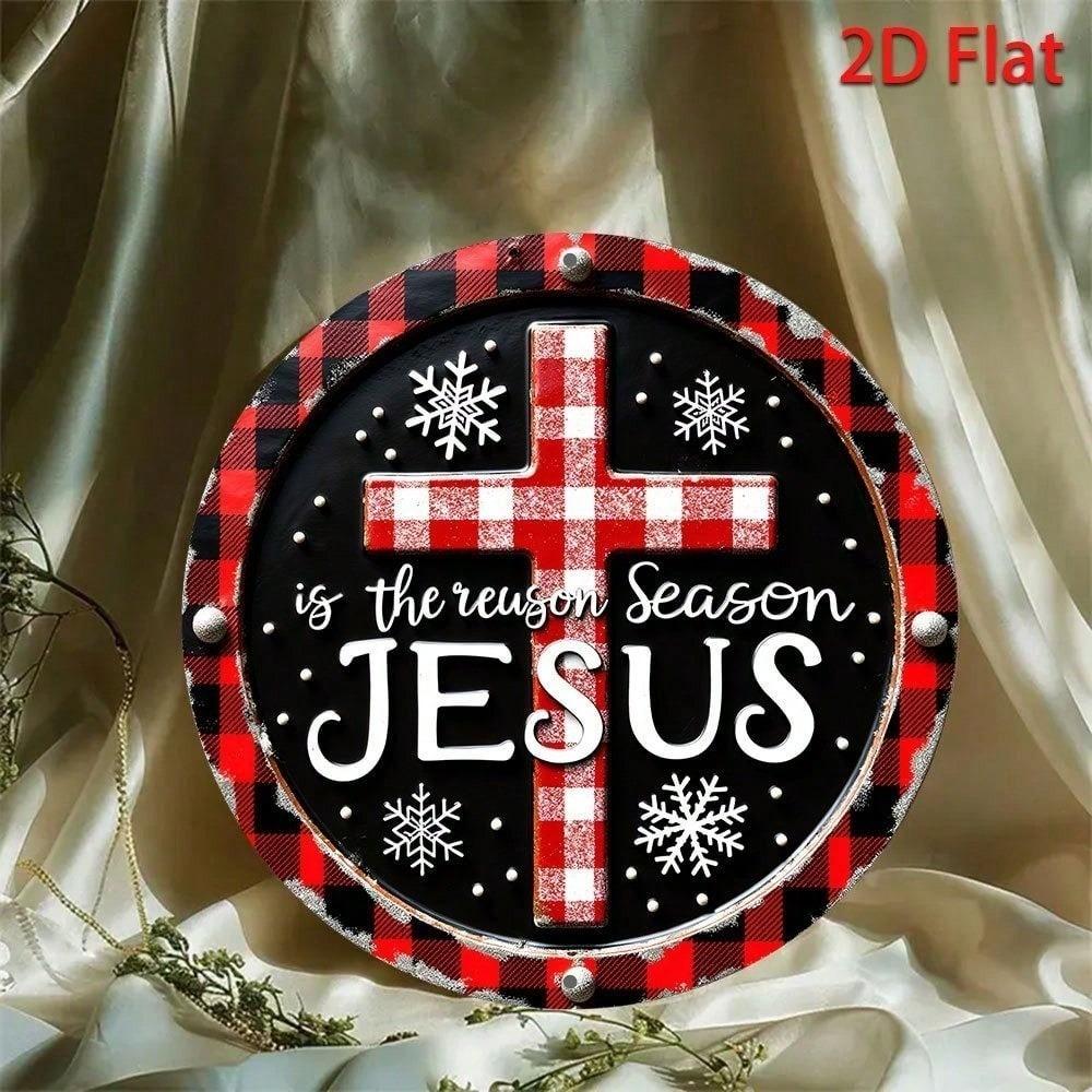 LovelyAlley 8 Inch Round Metal Wall Sign Wreath Design Xmas Home Decor Snowflake Plaid Border