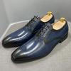 Fashion Men's Blue/Black Genuine Leather Oxford Dress Shoes Handmade Luxury Lace-Up Formal Office Business Wedding Footwear