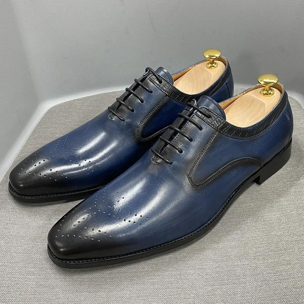 Fashion Men's Blue/Black Genuine Leather Oxford Dress Shoes Handmade Luxury Lace-Up Formal Office Business Wedding Footwear