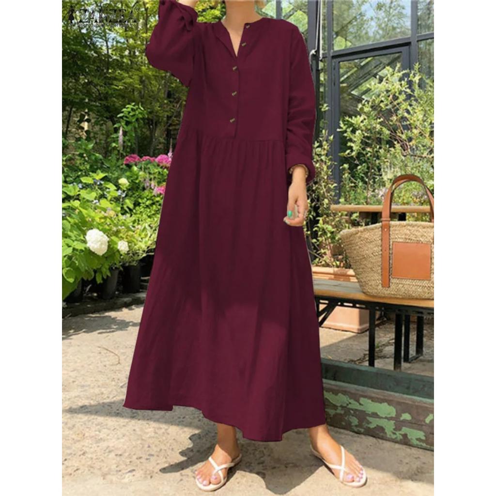 Women's Elegant Solid Cotton Robe Femme Maxi Dress Casual Long Sleeve Shirt Dresses Oversized
