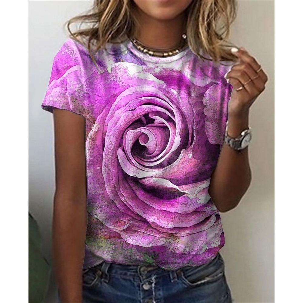 Round Neck 3D Flower Printed Top Fashionable Casual Short Sleeved Women's T-shirts - Soft Medium Stretch Polyester Fabric Summer Relaxed Fit Clothing