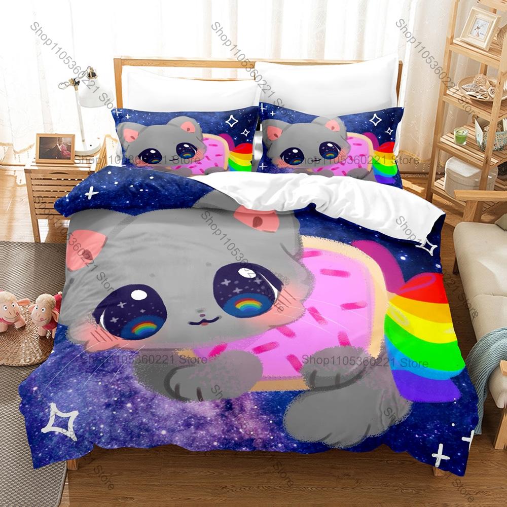 Rainbow Alien Nyan Cat Meme Duvet Cover Set 1 Duvet Cover + 2 Pillowcases Cute Internet Cartoon Bed Linens Gift Home Textile