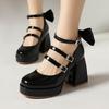 Plus Size Three Row Small Buckle Sweet Bow Patent Leather Women's Pumps Super High Thick Heel Shallow Summer High Heels