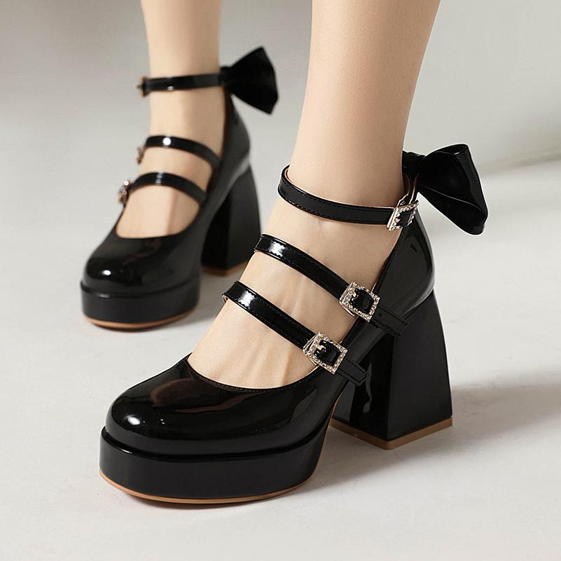 Plus Size Three Row Small Buckle Sweet Bow Patent Leather Women's Pumps Super High Thick Heel Shallow Summer High Heels