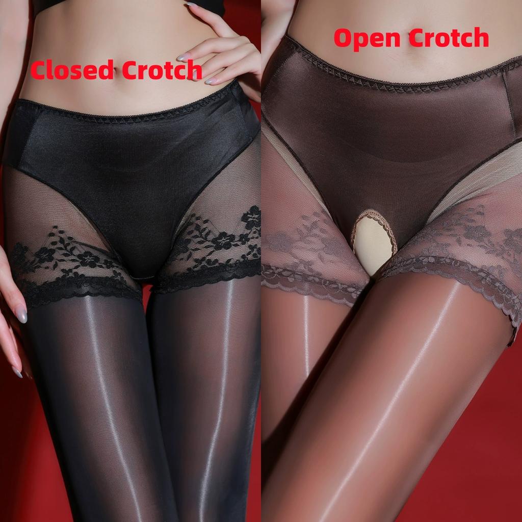 High Density Open Crotch Coffee Pantyhose Lace Low Waist Horse Oil Sexy Hosiery Night Club Women Leg Slim Transparent Tights