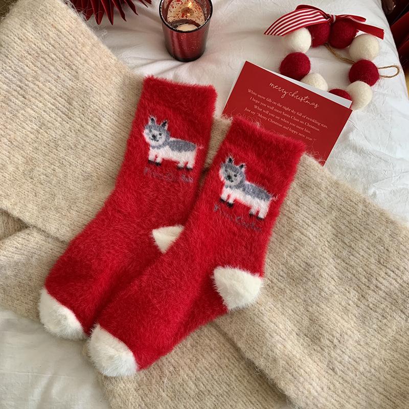Weihnachtsjahr Rote Socken Damen Herbst und Winter Fleece Verdickt Nerzfleece Cartoon Niedlich Damen Socken Flauschig Mittellange Socken Damen