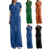 2Pcs/Set Women Pants Shirt Suit Lapel Short Sleeve Single-breasted Wide Leg Loose Solid
