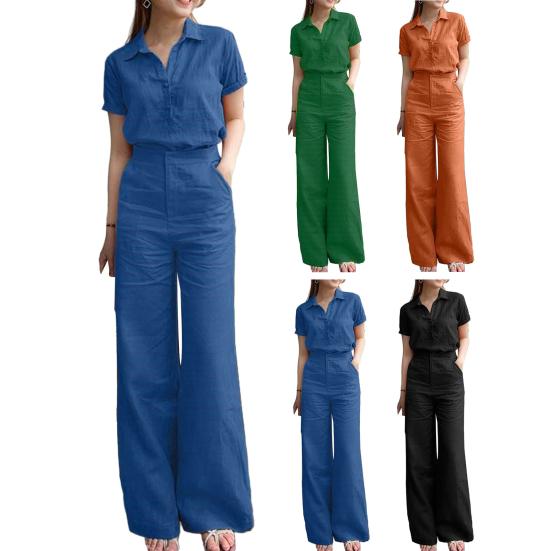 2Pcs/Set Women Pants Shirt Suit Lapel Short Sleeve Single-breasted Wide Leg Loose Solid