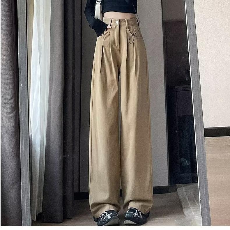Women High Waist Pleated Wide Leg Jeans Lazy Draped Straight Floor-Length Denim Trousers Fashion Loose Long Pants