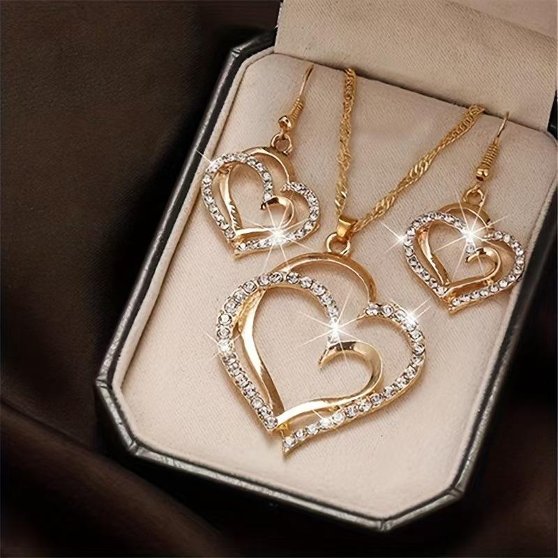 Exquisite Double Heart Necklace Earrings Bracelet Jewelry Set Charm Ladies Jewelry Fashion Bridal Accessory Set Romantic Gifts