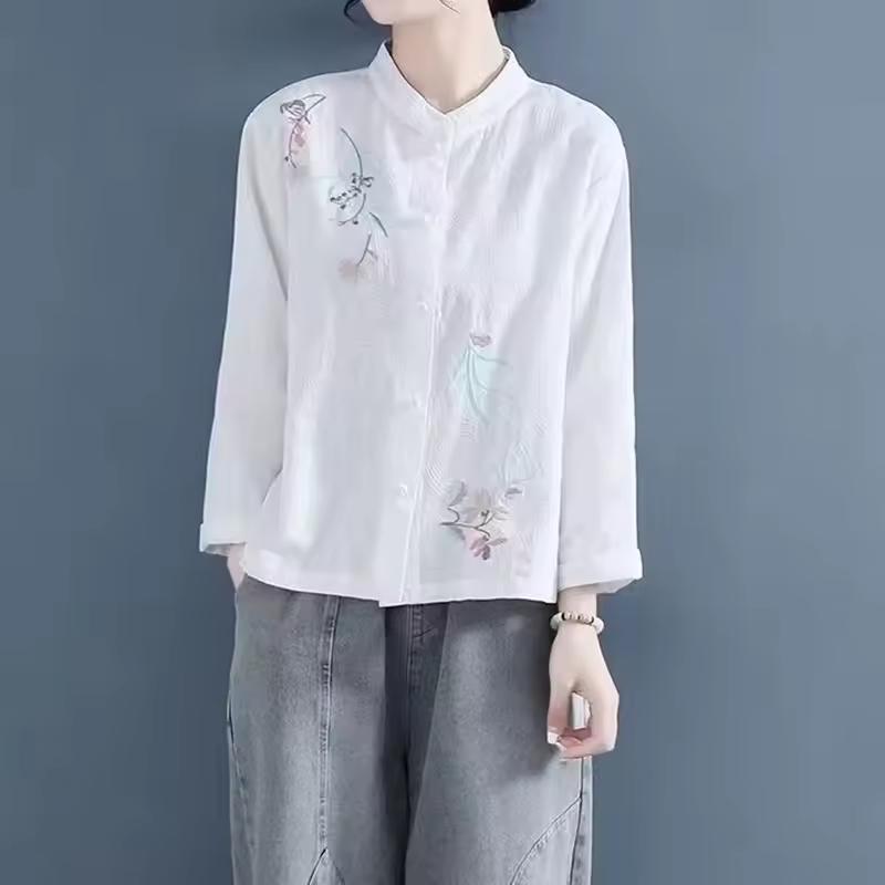 Women's Spring Chinese Embroidered Cotton and Hemp Shirt with Buckle and Stand Up Collar, Loose Tea Robe Top