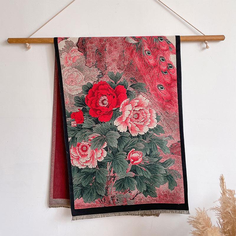 Luxury Winter Flower Cashmere Scarves High Quality Women Thicken Wrap Shawl Ladies Warm Wool Pashmina Peacock Besign Scarf