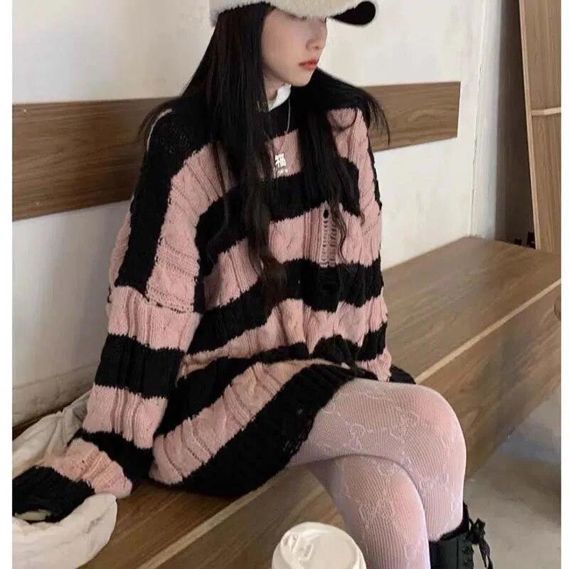 Punk Style Irregular Ripped Sweater Women's Striped Knit Pullover Loose Long-sleeve Crew Neck Top Twist Pullover Coat Korean Fashion