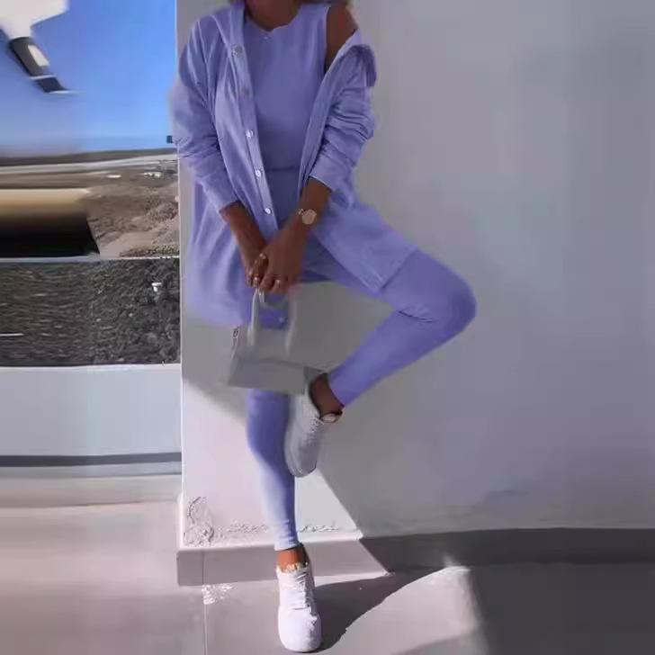 Damski Zestaw Kardigan z Kapturem z Topem Bez Rękawów i Legginsami, Strój Casual na Wiosnę i Lato