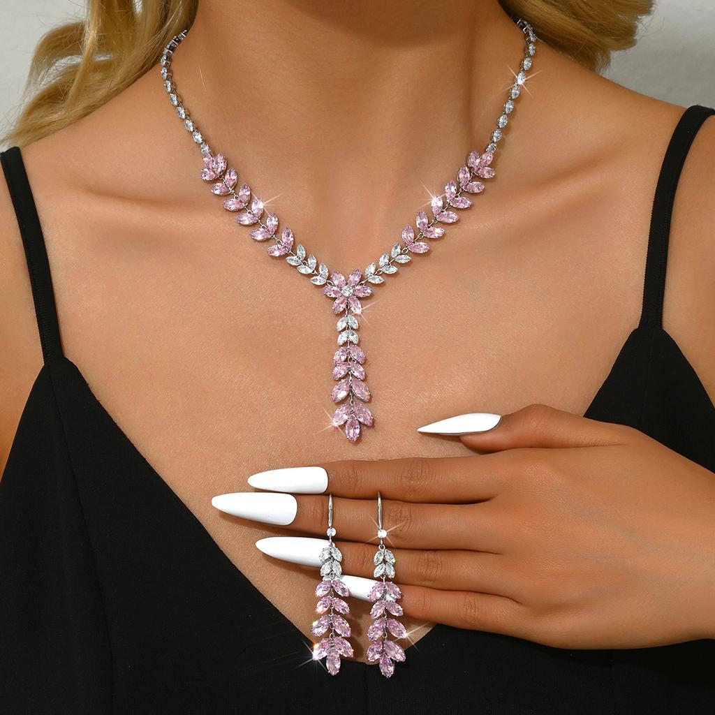 3PC Women's Fashion Zircon Leaf Flower Necklace Earrings and Zircon Set, Suitable for Wedding, Party, and Festival Gifts