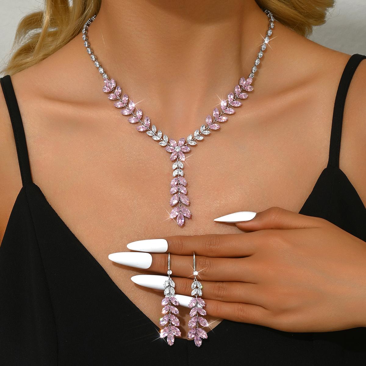 Lucky Star Jewelry Women's 3Pc Fashion Zircon Leaf Flower Necklace Earrings And Zircon Set, Suitable For Wedding, Party, And Festival Gifts