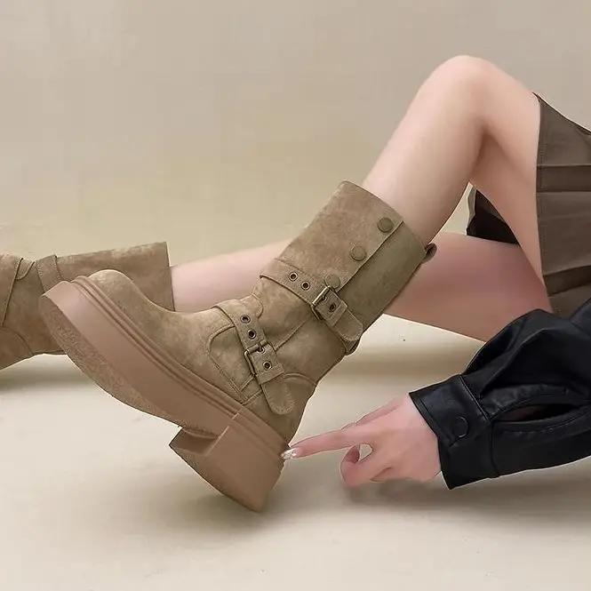 Fashion Women's Long Boots Fashion Platform Height Increasing Outdoor Knight Boots  Spring Autumn New Retro Belt Buckle Women Shoes