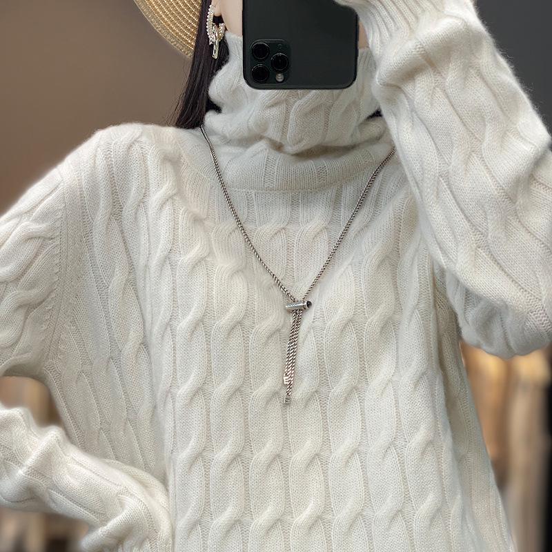 Women's High Neck Loose Cable Knit Sweater, 100% Wool with Cashmere Lining