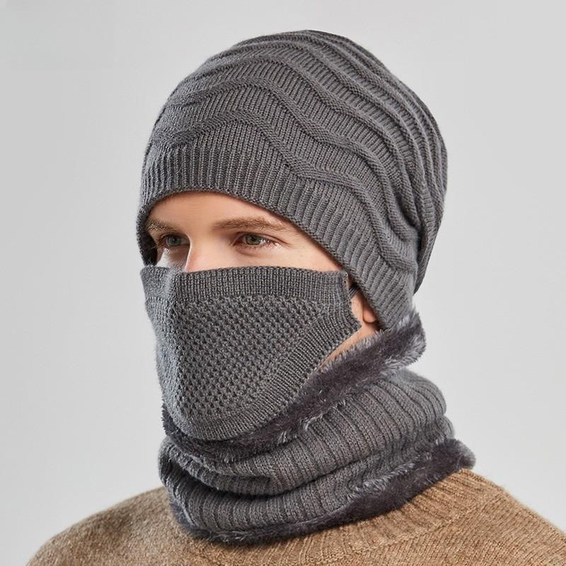 Knitted Hat Men Winter Warmth Windproof Cap Scarf Threepiece Set For Commuting