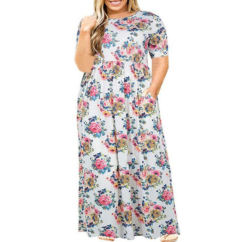 Plus Size Women Casual O-Neck Summer Short Sleeve Print Loose Pocket Long Dress