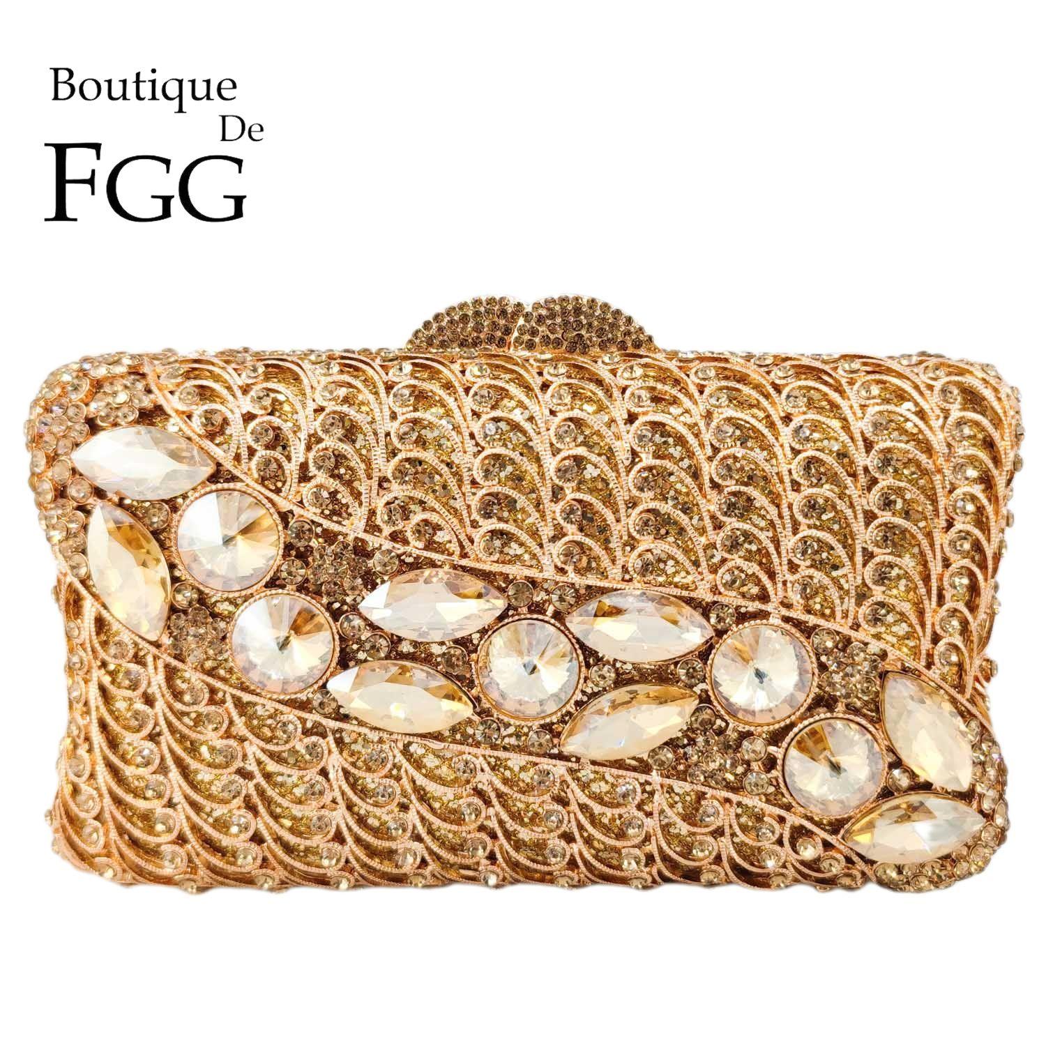 

Boutique De FGG Big Gems Women Brown Evening Bags and Clutches Party Dinner Rhinestone Handbags Bridal Wedding Clutch Purses Mini