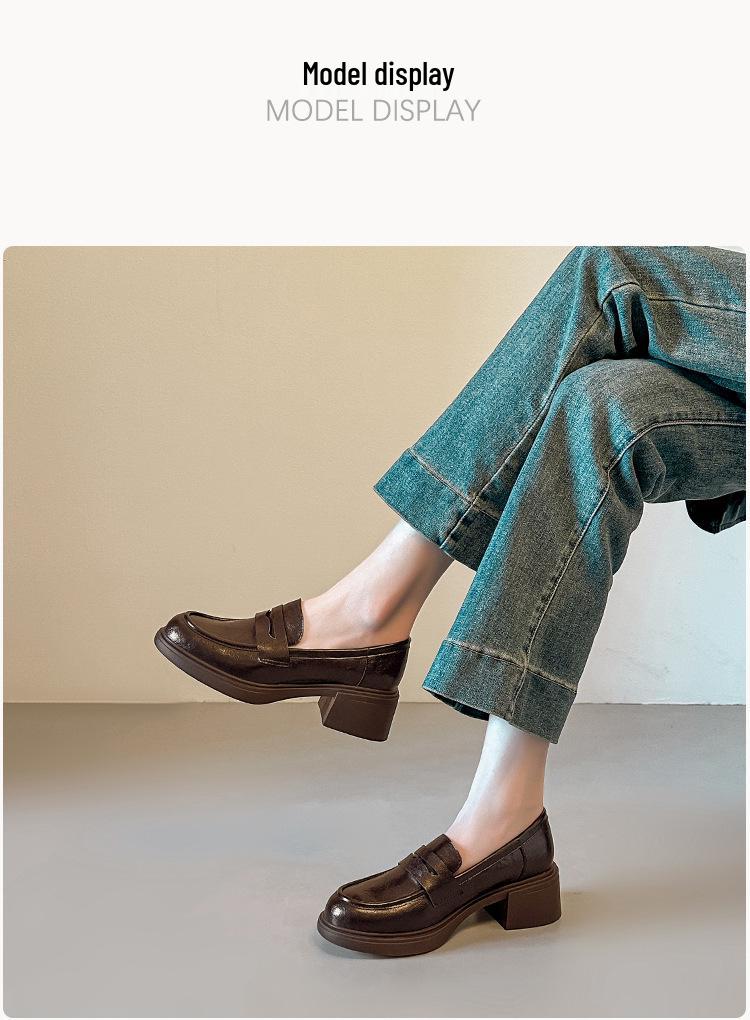 Versatile British Style Cowhide Mid-Heel Loafers - Retro Round Toe Slip-On Women's Shoes with 5cm Chunky Heel