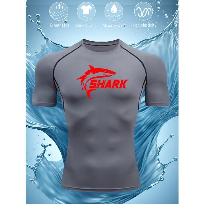 Mens White Compression Short Sleeve T-Shirt Red Shark Graphic Quick Dry High Elasticity Gym Workout And MMA Athletic Top