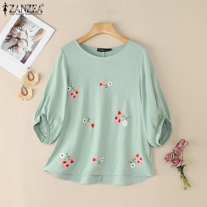

ZANZEA Женская повседневная блузка с цветочным принтом, круглым вырезом и рукавами 3/4, свободного кроя M зелёный
