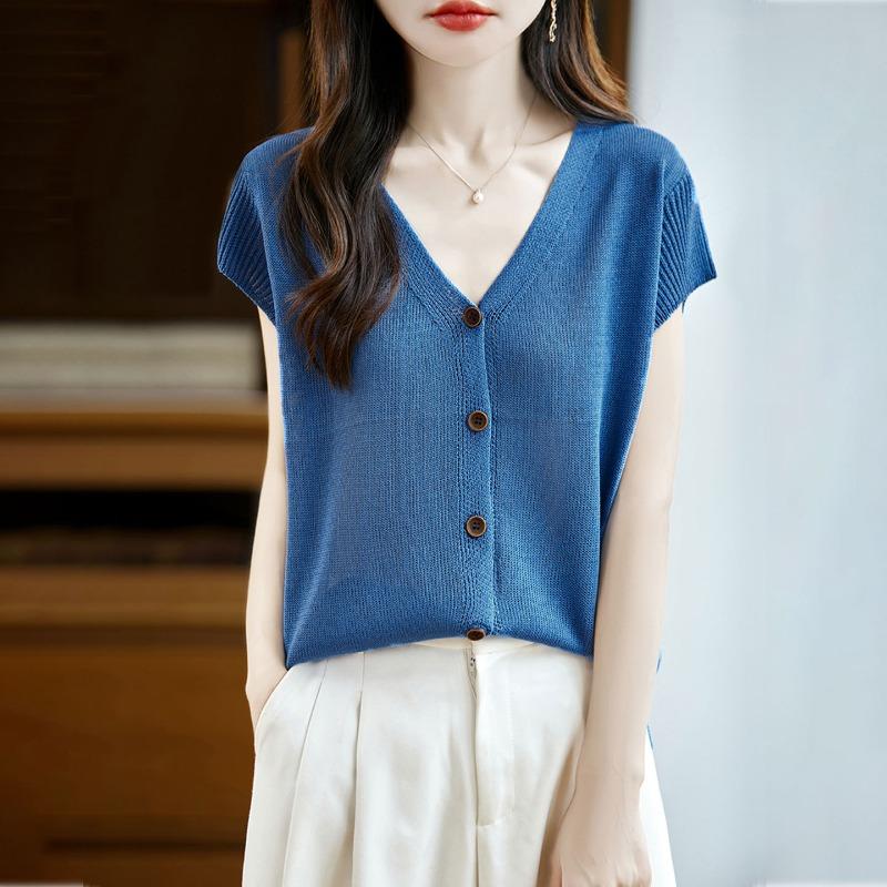 Women Summer New V Neck Button Front Slim Fit Ice Silk Knit Top Tencel Short Sleeve Tee S синий