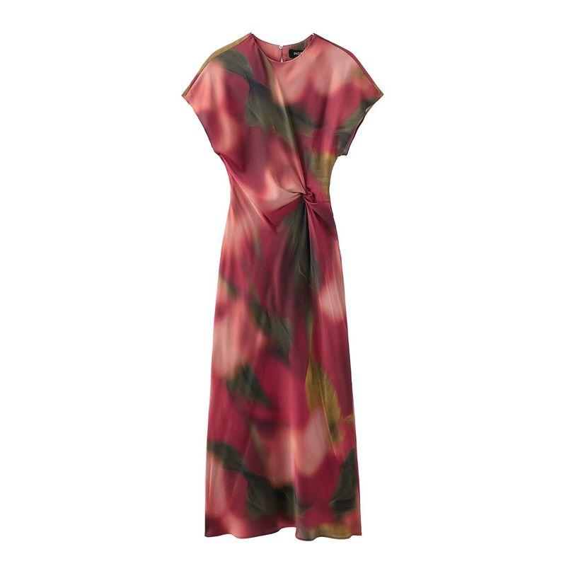 

Women s New Fashion Silk Satin Texture Midi Skirt Dress Red Flower color XS