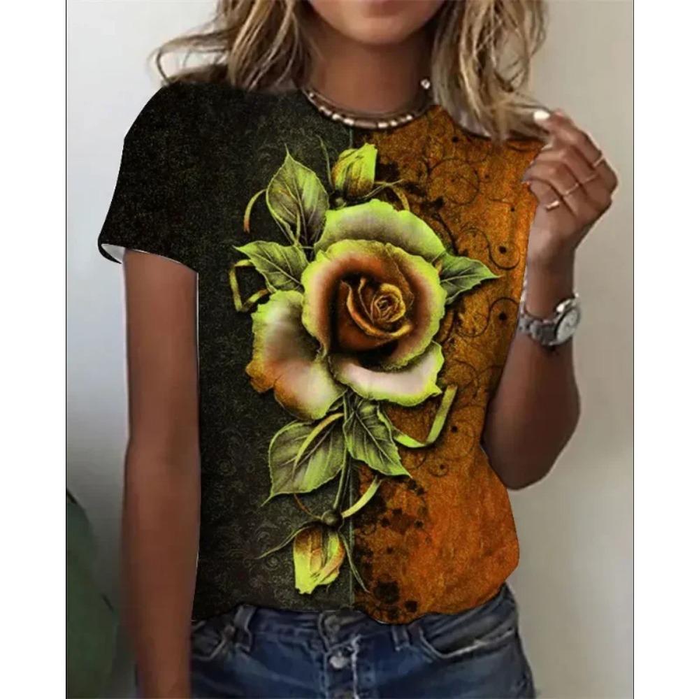 Fashion Women Clothing New Pink Gold Rose 3D Print T-shirt Personalized Casual Harajuku Street Unisex Oversized T Shirt Tops