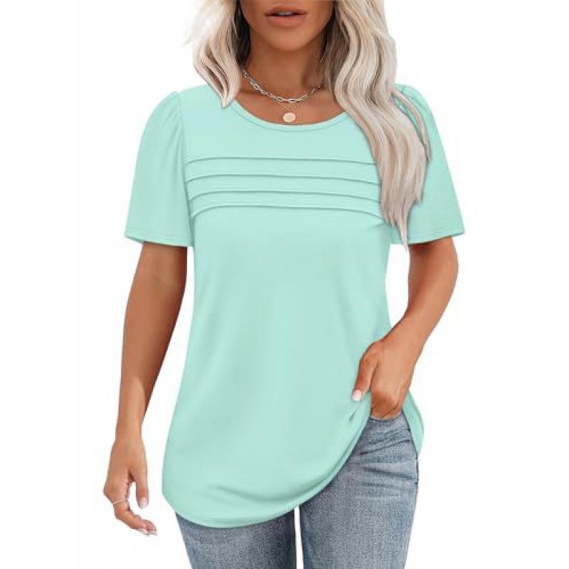 Women's Casual Pleated Loose T-shirt, Round Neck, Short Sleeve, Summer 2026 Collection