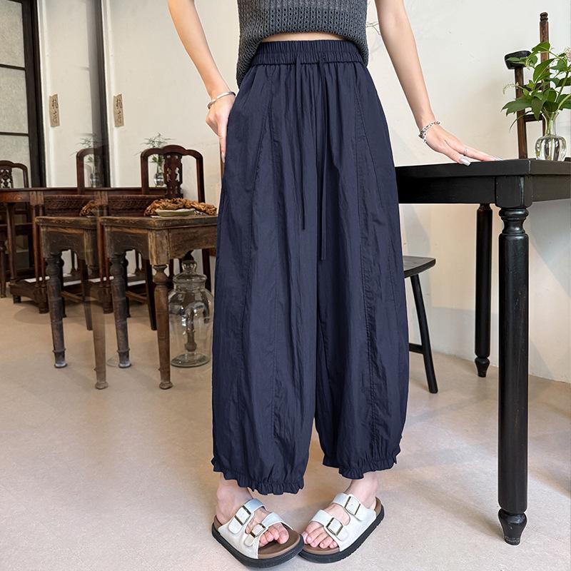 Women's Summer High-Waisted Yellow Flower Bud Lace Lantern Pants - Casual, Loose, Slimming, Nine-Point Length.