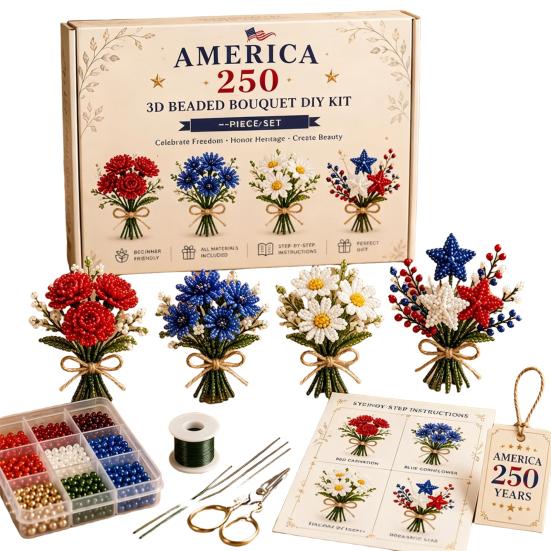 America 250 Beaded Bouquet DIY Kit, 4th of July Patriotic Flower Craft Handmade Set, 1776-2026 Independence Day 3D Beaded Flower Making