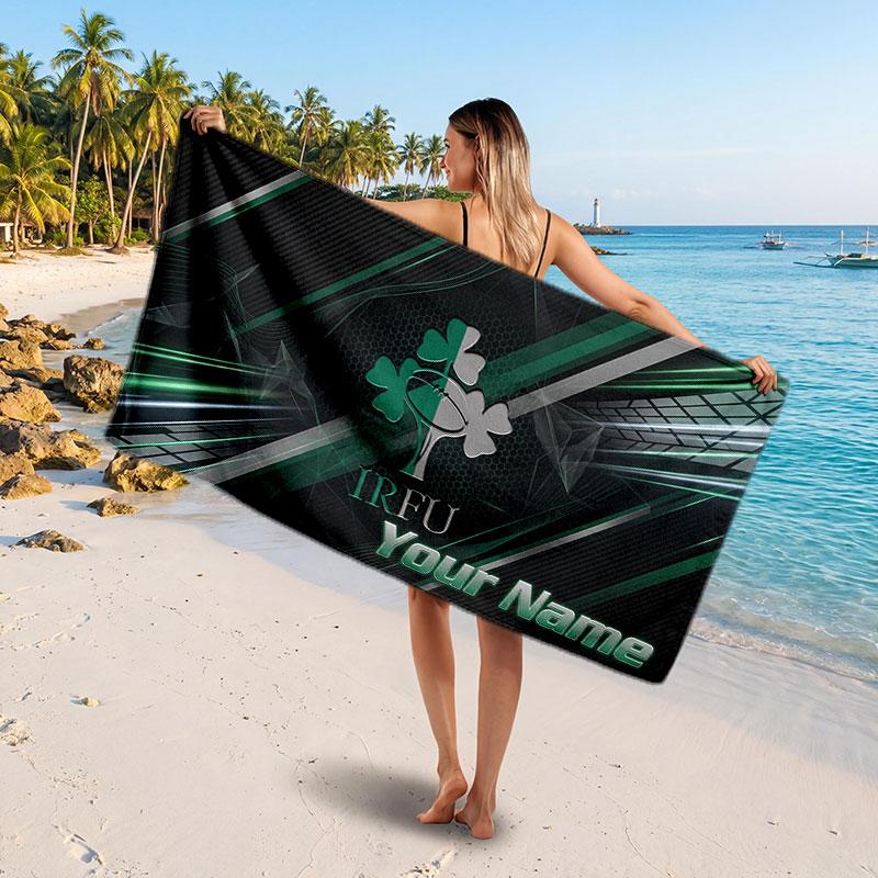 Ireland Rugby Customized Name Text Beach Towel, Soft Absorbent Towel Beach Pool Travel Personal Gift