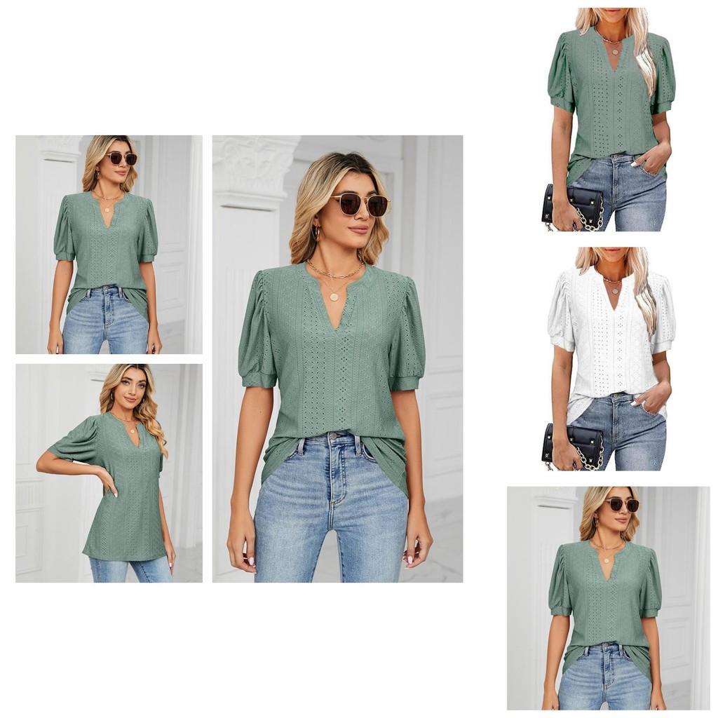 Women's V-neck Tops Short Sleeve T-shirts With Cut Out Lace Detail