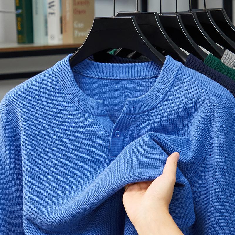 Pure Cotton Collar Long-Sleeved Knitted Sweater Men'S Spring And Autumn Casual Simple Solid Color V-Neck Bottoming Shirt