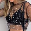 Women's Sexy See Through Lace Shiny Diamond Mesh Short Sleeve Top