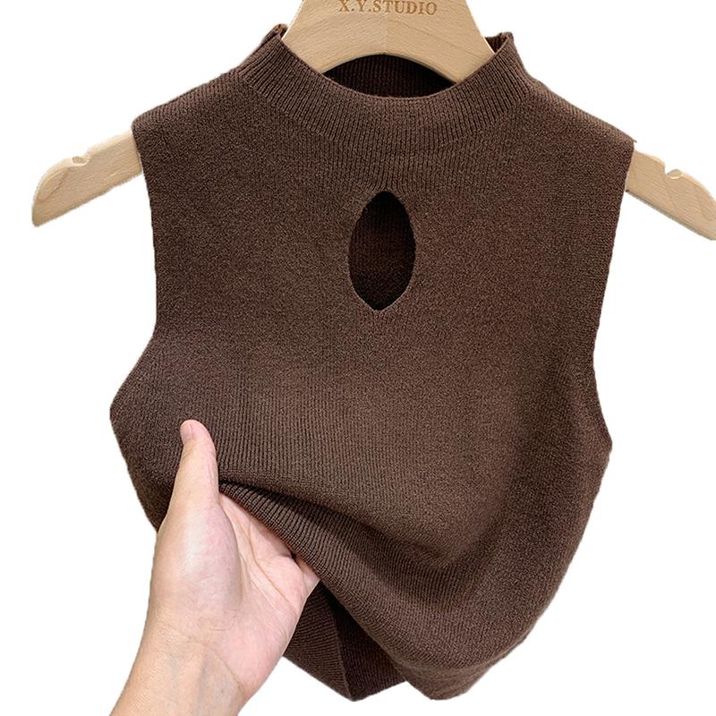 Fashion Half Turtleneck Hollow Out Knitted Tank Top Summer Women Casual Solid Color Sleeveless Vest