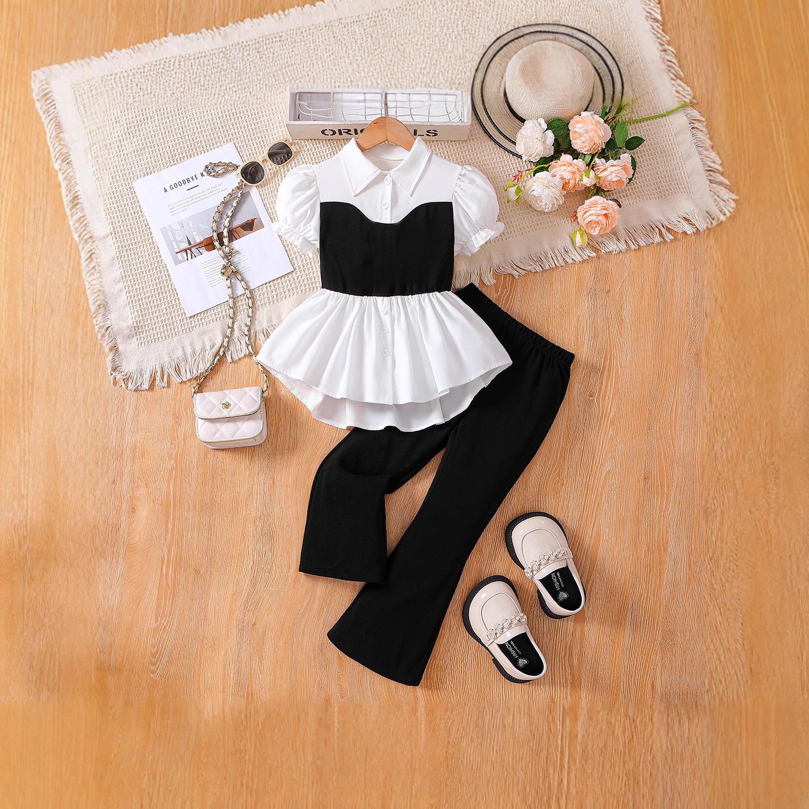 

Girls Fashionable Black And White Two-piece Summer Children s Casual Top And Pants Set 9-10Y