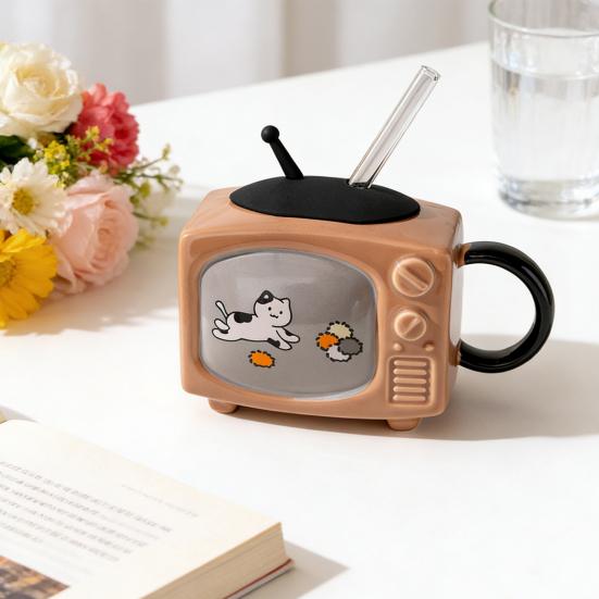 Retro Cat TV Ceramic Mug with Lid & Straw 450ml Cute Coffee Cup Leak-Proof Heat Resistant TV Shape Milk Beer Mugs Novelty Gift Home Decor